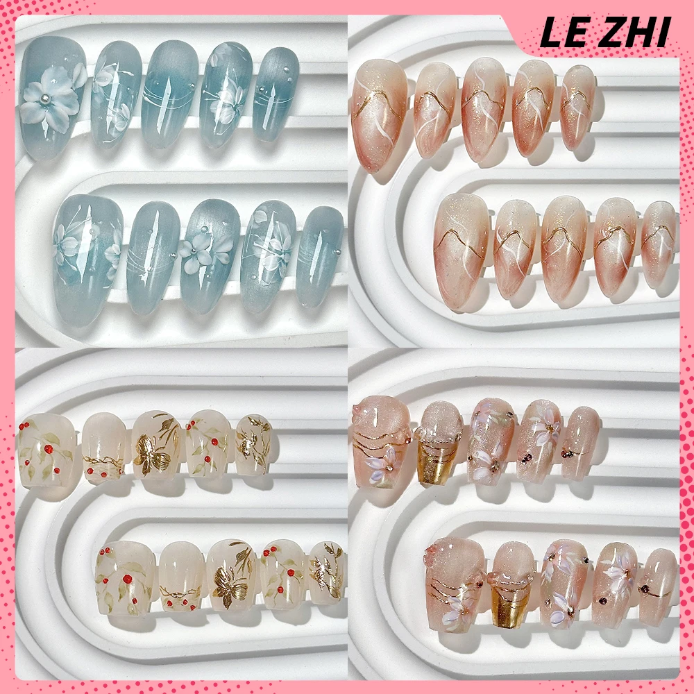 

10Pcs Cat Eyes Flowers Handmade Square Ellipse Almond Reusable Fake Nails Fashion Pearl Diamond Gradients Nail Party Stickers