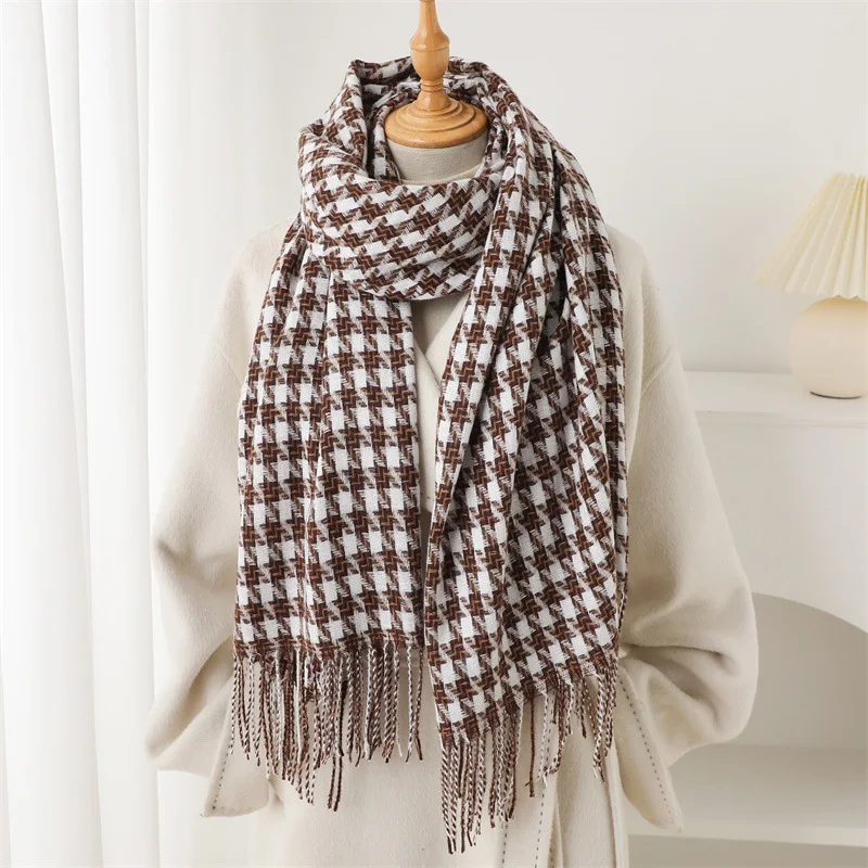 

Роскошный зимний теплый женский шарф в полоску с узором «гусиные лапки», кашемировые шали, толстый шейный платок, хиджаб, накидки, платок из пашмины