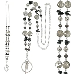 Black Glass Beads Badge Lanyards Holder Fashion Necklace Lanyards with ID Holder Keychain for Teachers Nurses Mothers Gifts