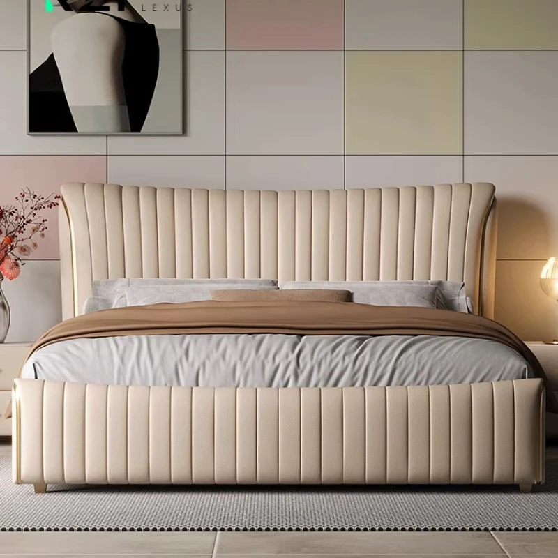 Top-grain Leather Decor Bed For Teen Girls King Size Double Beds Soft Backrest Headboard Luxury Bedroom Sets Full Set Furniture