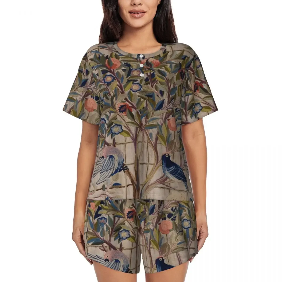 

William Morris Kelmscott Trellis Embroidery Round Neck Short Sleeves Nightdress for Sleeping Women Loose Pajama Set Short Pants