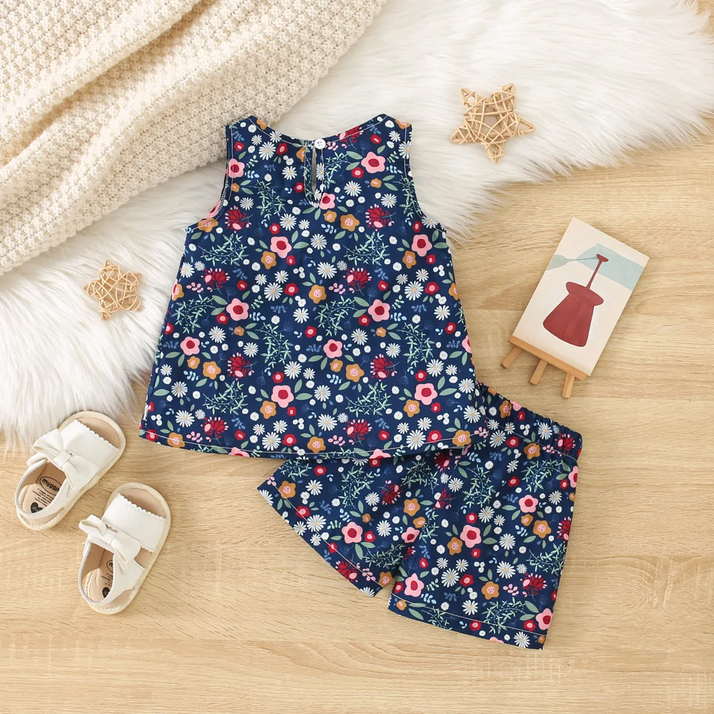 Summer New Thin Girls\' Set Baby Girl Bow Floral Print Suspender Shorts Beach Casual Cute Set 2 Pcs