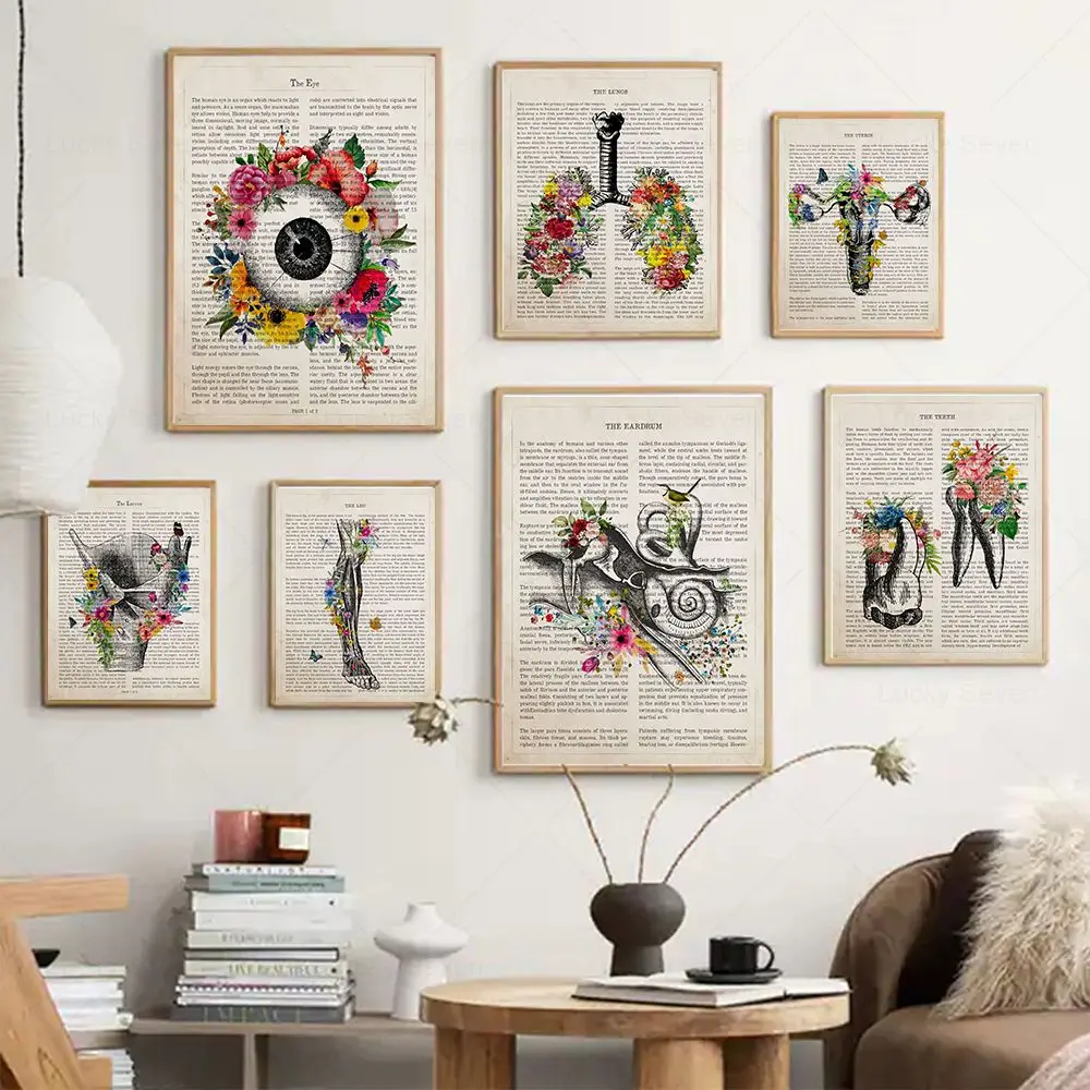 Cuadro de Lienzo Vintage con Diseño de Órgano Floral y Músculos del Hombre, Póster Impreso de Anatomía Humana, Imágenes de Cuerpo para Decoración de Consultorio Médico u Hogar