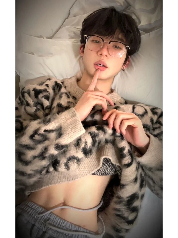 

Вязаный свитер с ленивым леопардовым принтом в американском стиле ретро, большой размер 300, круглый теплый топ, зимний модный бейсбольный воротник Lo...