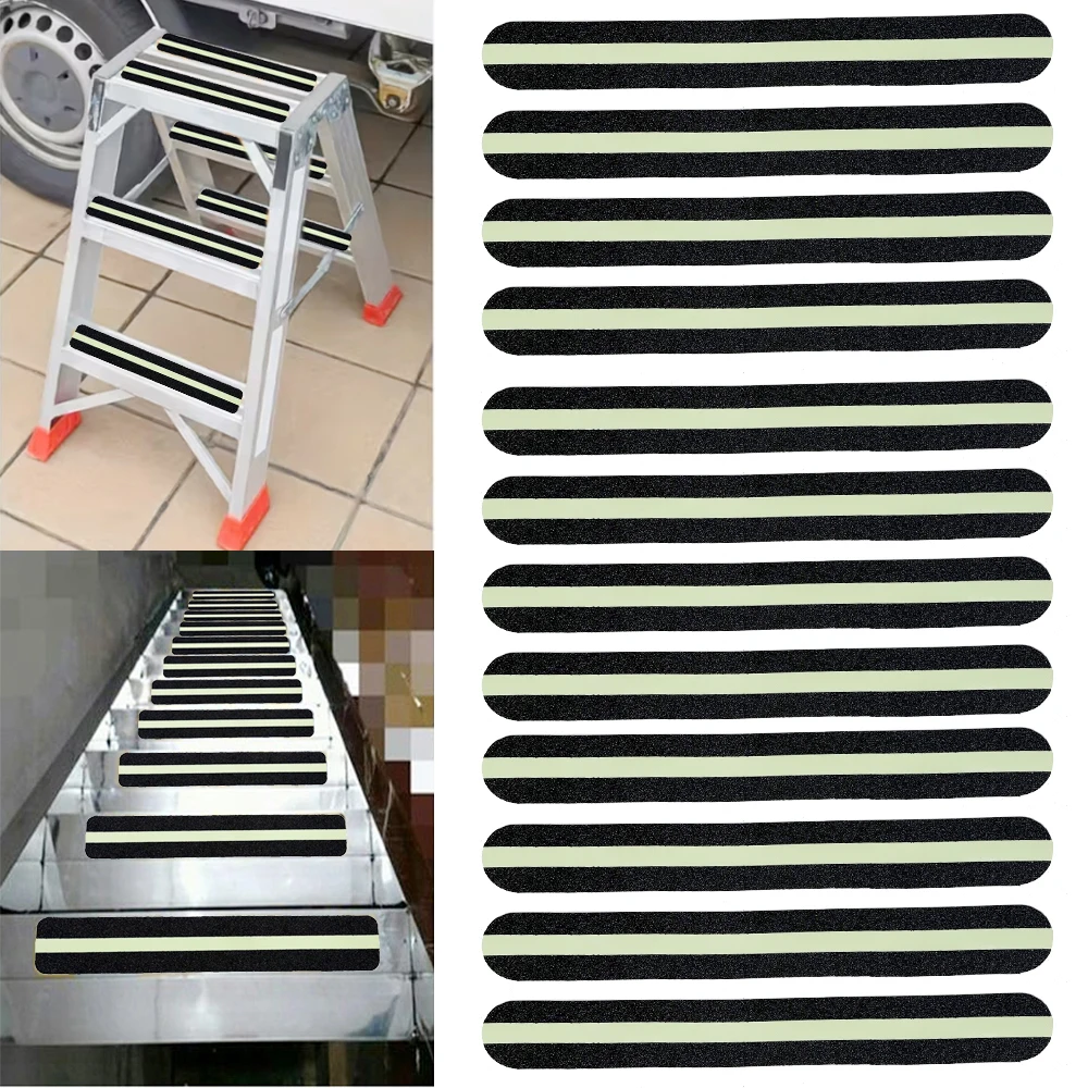12 bandes antidérapantes lumineuses, 4 cm x 33 cm, sans découpe, auto-adhésives, adaptées aux escaliers intérieurs ou extérieurs, aux salles de bain, bandes antidérapantes fluorescentes pour bateaux, offrant la meilleure adhérence, la meilleure friction, pour les marches d'escalier et l'abrasion des marches.