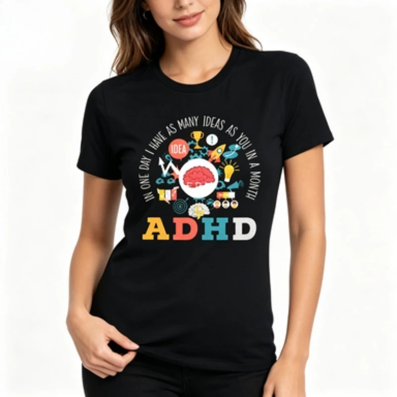 Female  Slim Tshirt Neurodivergent ADHD Slogan Creative Mind Idea Symbols Print Funny Mental Awareness Casual Short Sleeve Shirt