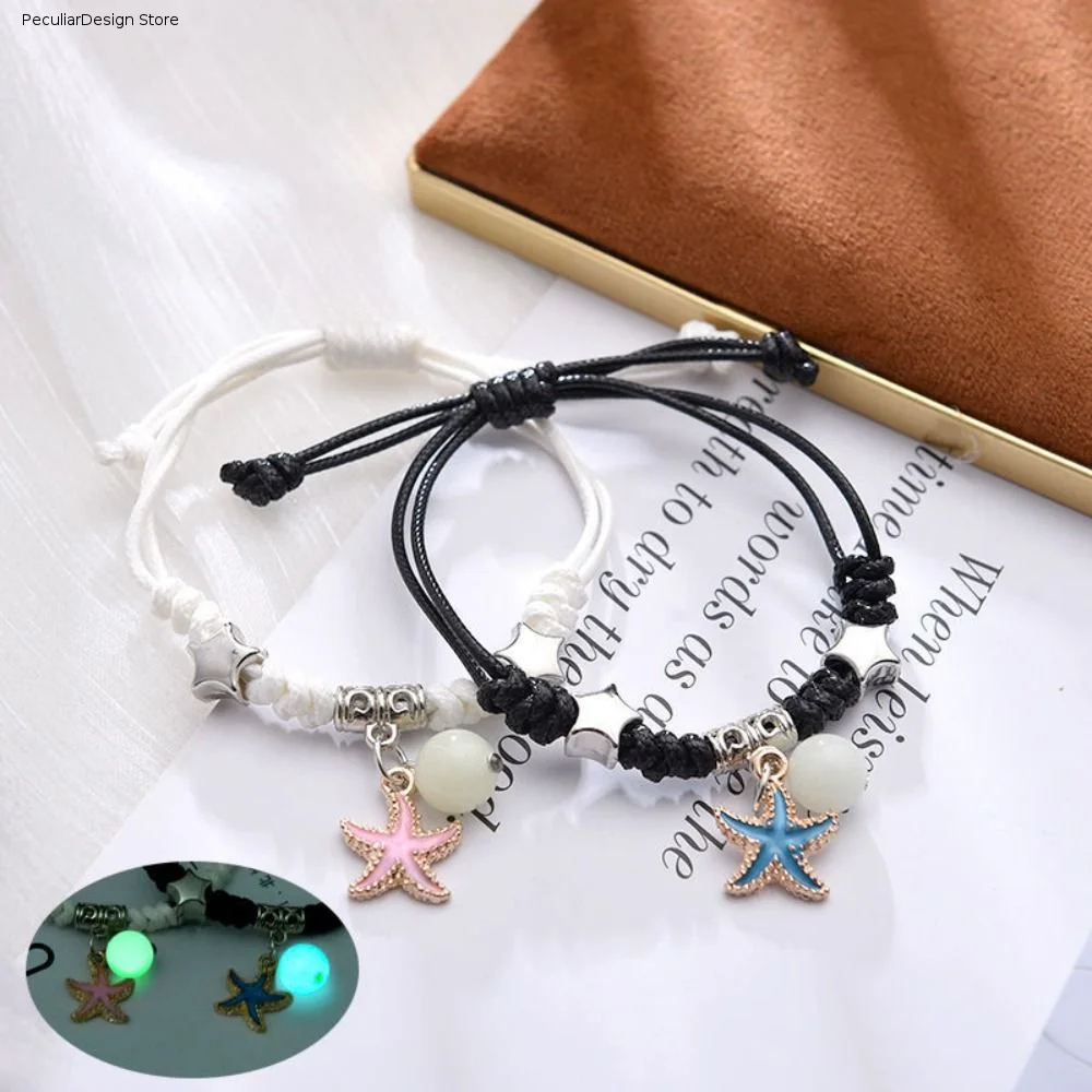 2Pcs Adjustable Luminous Beads Couple Bracelet Woven Rope Bracelet Jewelry Charms Bracelet Set Key Lock Flower