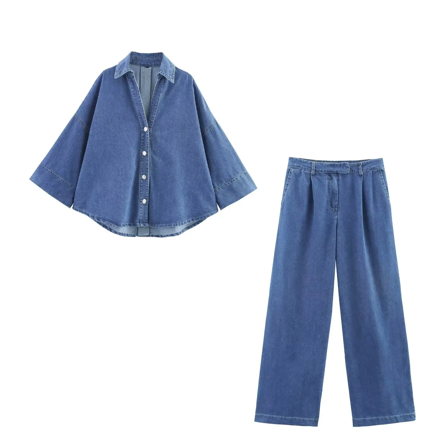 

ZBZA Women's Loose Denim Jacket Pants Suit Lapel Single-breasted Cape Top High Waist Straight Pants Spring Summer New Chic Set