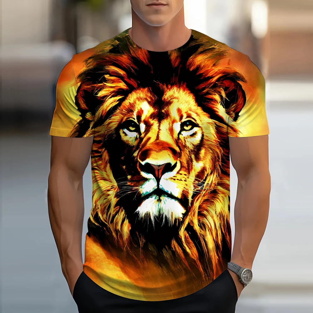 2024 Summer Fashion Lion Pattern T-Shirt Men\'s Casual Printing Trend Short-Sleeved Prairie Nature Animal Pattern Tribal Clothing