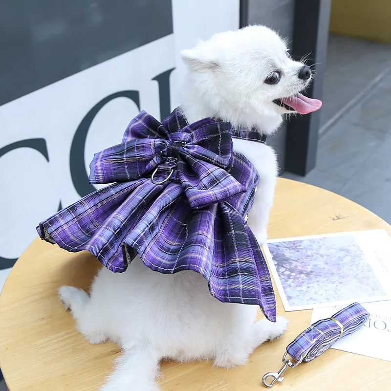 Pet Jk Plaid Dress Dog Harness and Leash Set Bow Skirt Kitten Puppy Vest Luxury Dog Clothes Chihuahua Dog Outfits Bichon Items