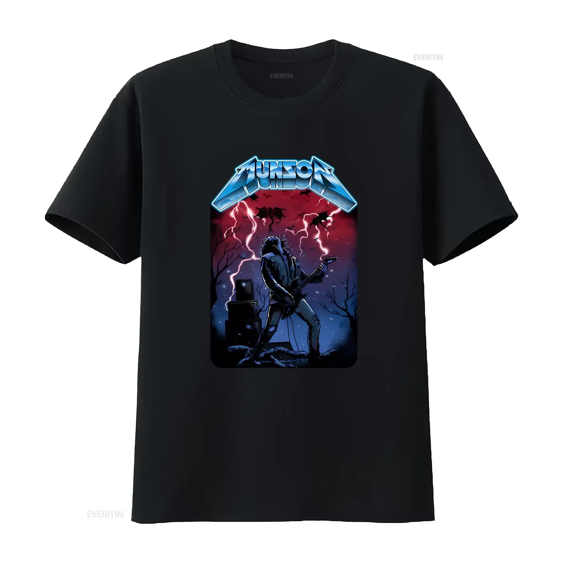 Eddie Play Guitar MunSon T Shirt for ST4 Fans Rock Style with Lightning Bats Print vintage Washed Versatile designer clothes