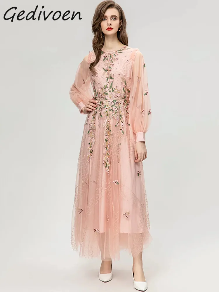 

Gedivoen Autumn Fashion Designer Vintage Mesh Party Dress Woeen's Lantern Sleeve Embroidery Sequins High Waist Slim LOng Dresses