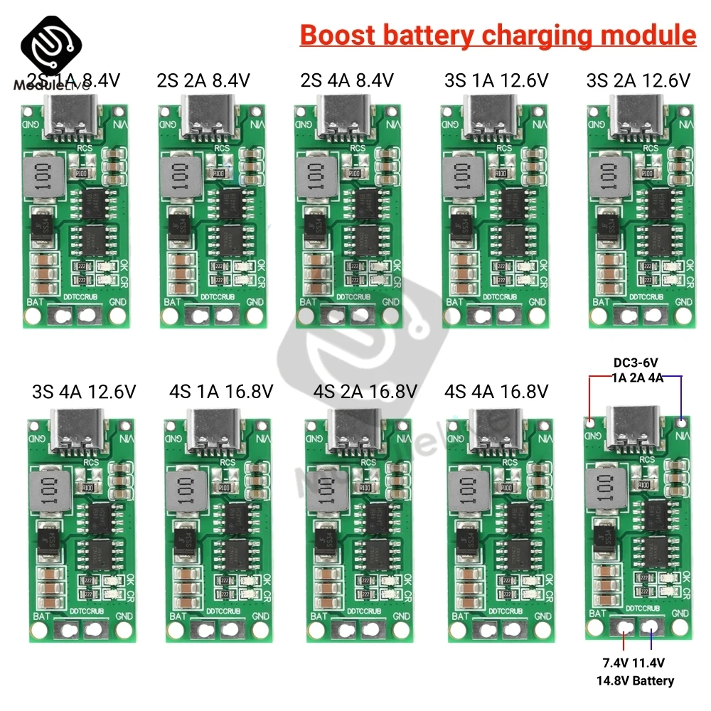 

Multi-Cell 2S 3S 4S Type-C To 8.4V 12.6V 16.8V Step-Up Boost LiPo Polymer Li-Ion Charger 7.4V 11.1V 14.8V 18650 Lithium Battery