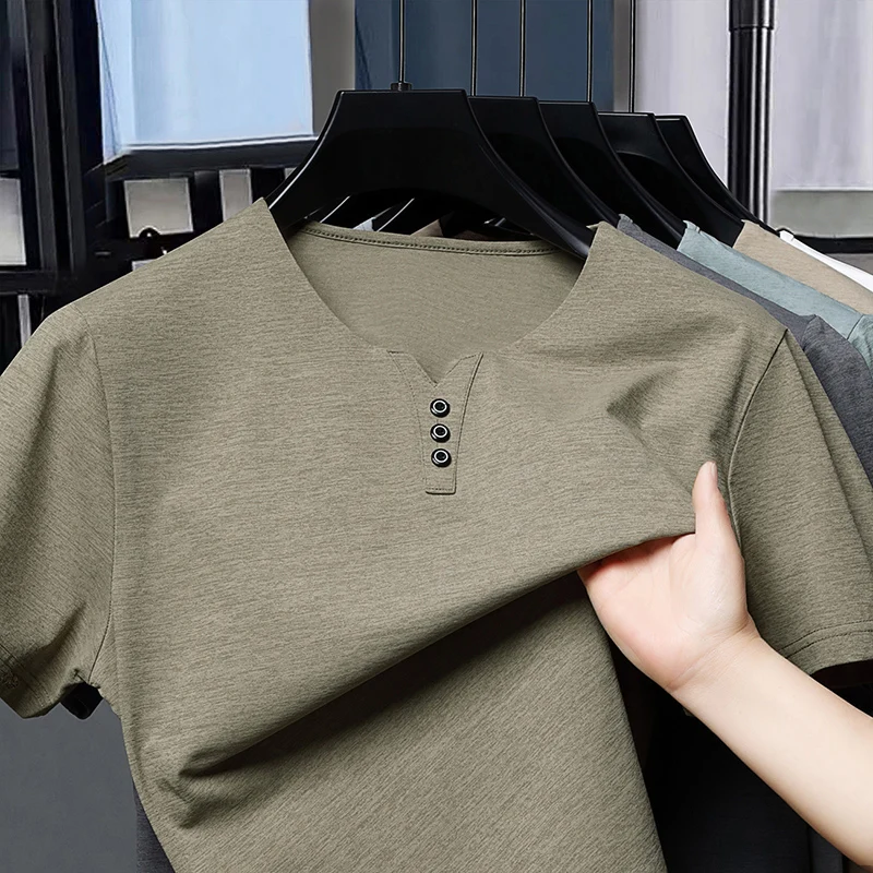 

2025 New Summer Solid Color V-neck Thin Casual Men's Half Sleeved Loose Fashion Men's Top POLO Shirt