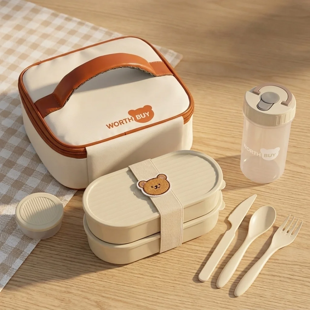 Lonchera de Plástico Apta para Microondas con Correa Bonita, Portátil, para Niños y Estudiantes, Caja Bento para Frutas y Ensaladas, Contenedor de Alimentos de Una/Doble Compartición