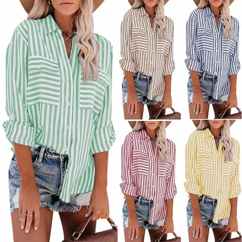 

Women's Polyester Striped Single Breasted Long Sleeved Shirt Cotton Spring Summer White Shirt Women