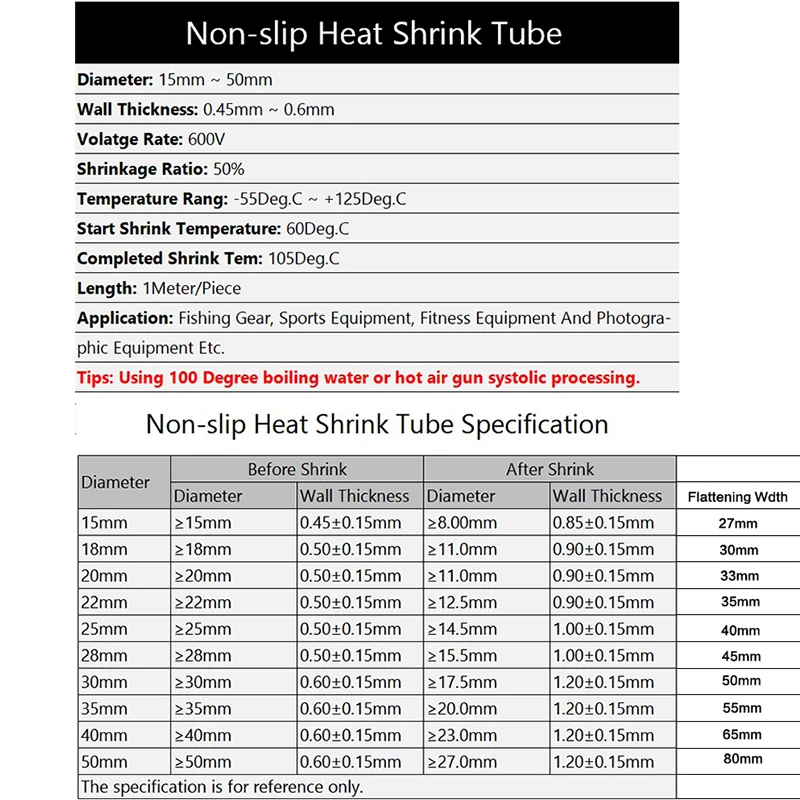 Tube thermorétractable antidérapant de 1 mètre pour canne à pêche, 15/18/20/22/25/28/30/35/40/50mm