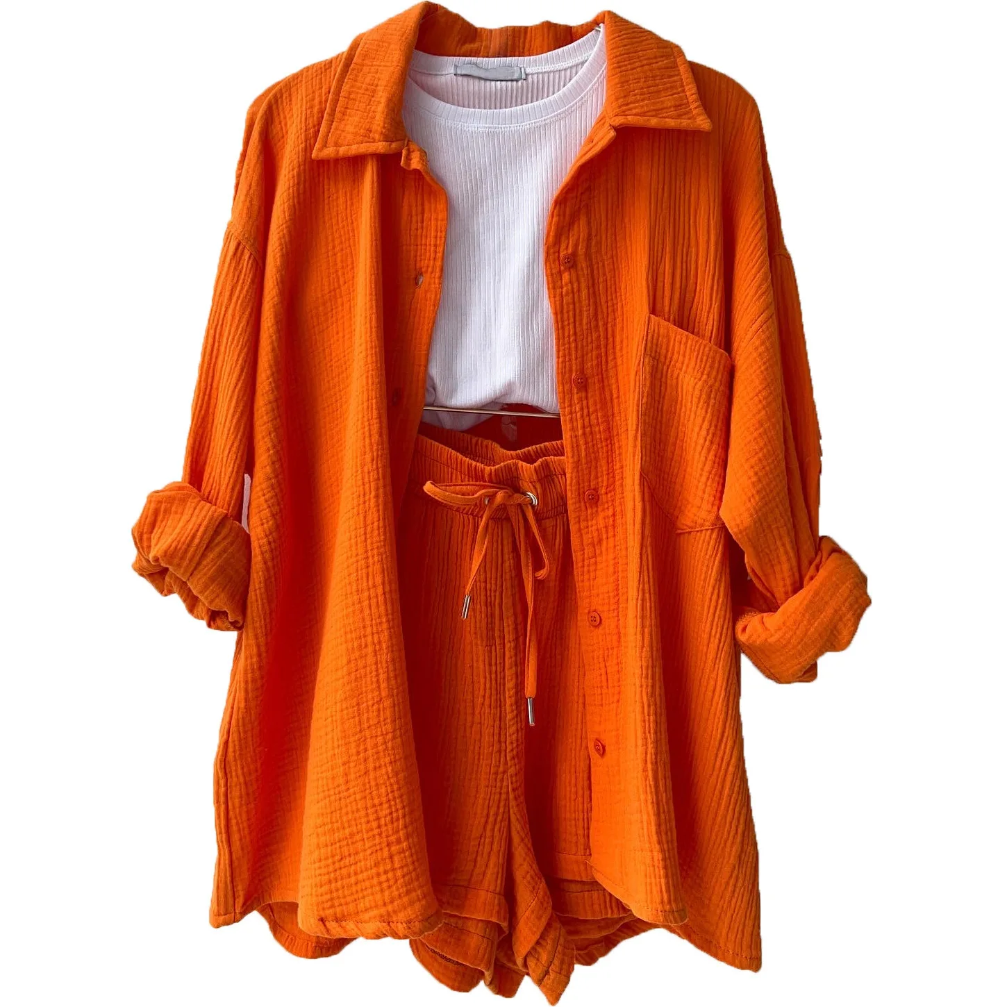 Women Two-piece Set Orange Wrinkled Lapel Long-Sleeved Shirt High-Waisted Drawstring Shorts Fashion Casual Suit