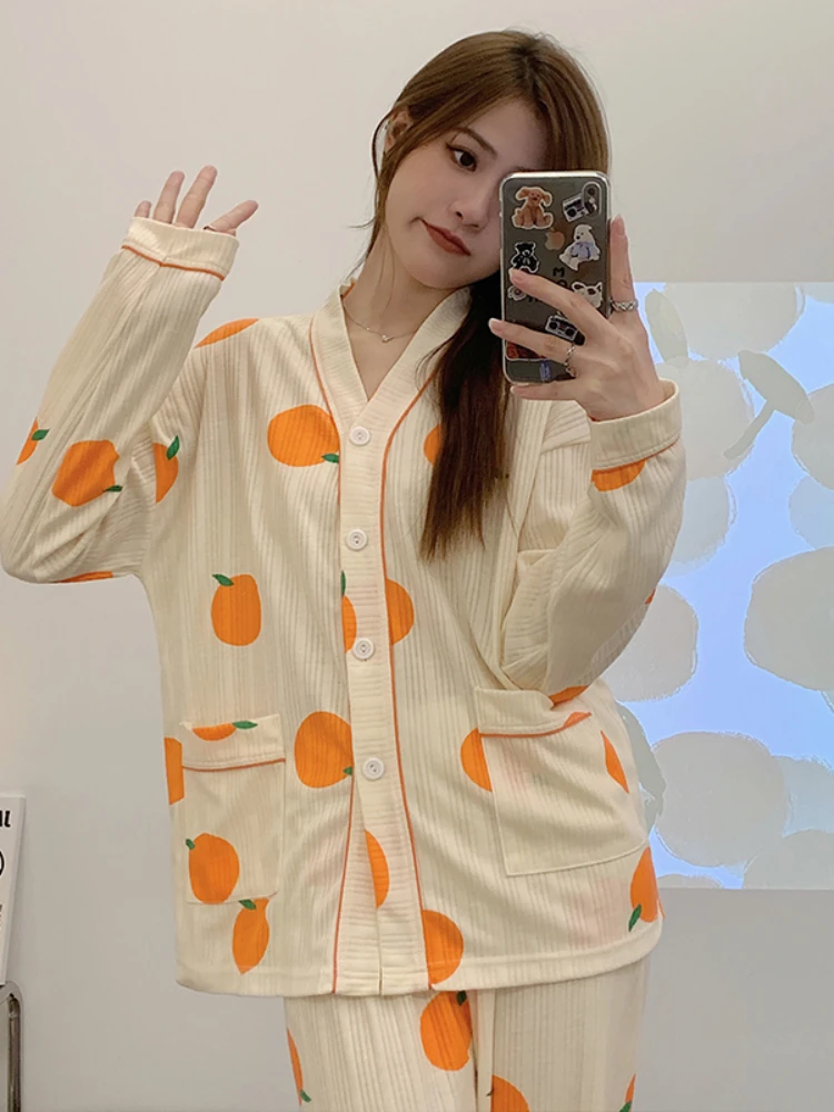 Spring Autumn Pajamas Set for Women Thin Cotton Fashion Print Women Long Sleepwear Set Home Clothes Women Female Nightwear Pjs