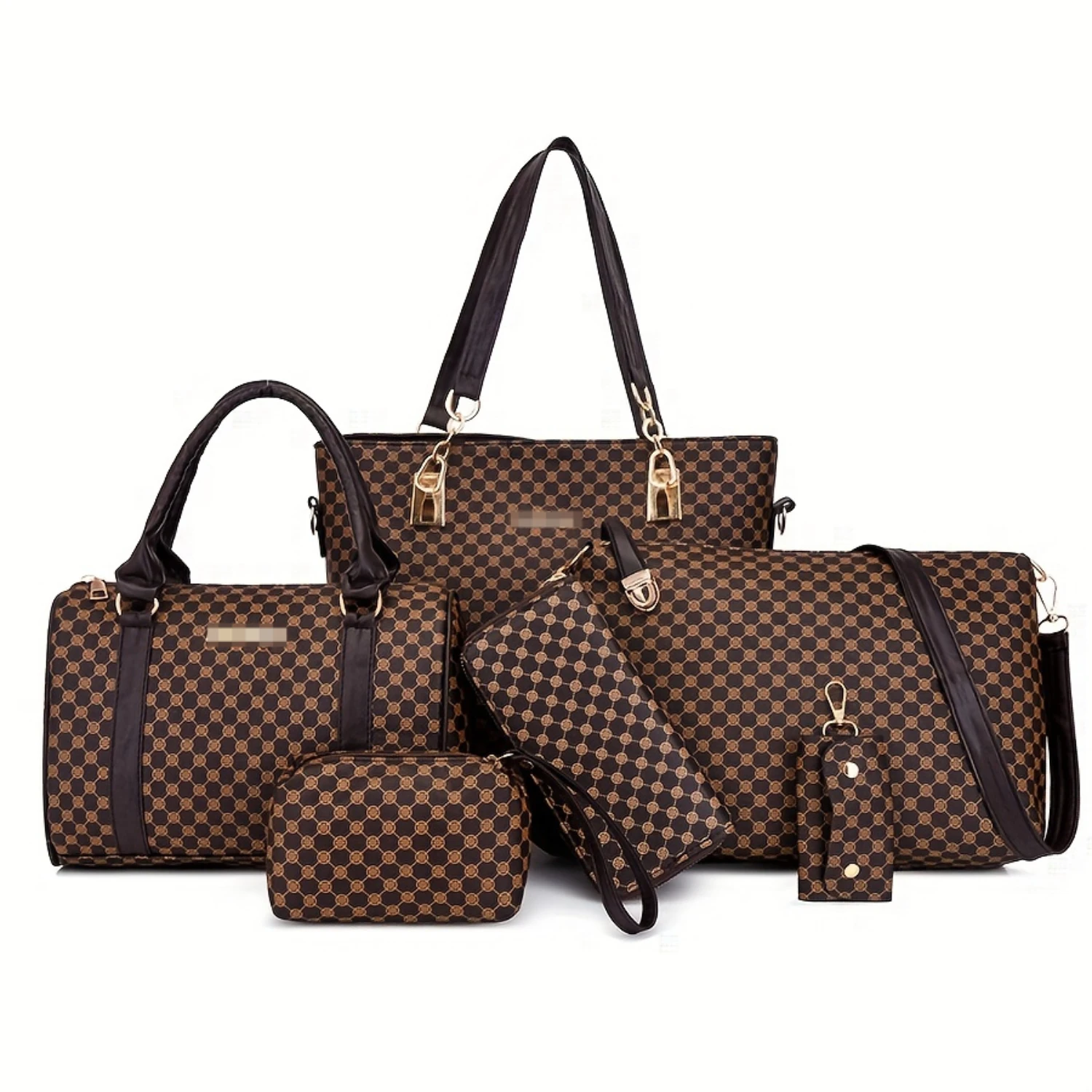 

6 Pcs Vintage Geometric Pattern Women's Bag Sets, Classic Tote Bag, Lightweight Satchel Bag With Crossbody Bag, Clutch Purses An