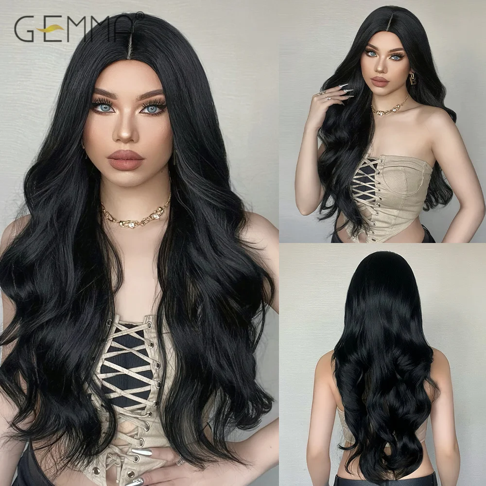 GEMMA Czarna Długa Falista Syntetyczna Peruka Naturalna Czarna Body Wave Peruki dla Kobiet Afro Cosplay Codzienne Włosy Środkowa Część Odporna Na