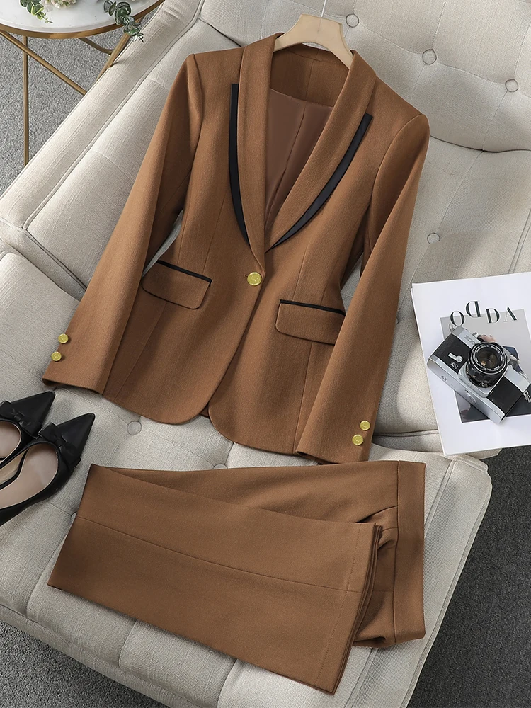 Fashion Ladies Pant Suit Women Khaki Black Coffee Green Female Business Work Wear Jacket Blazer and Trouser Formal 2 Piece Set