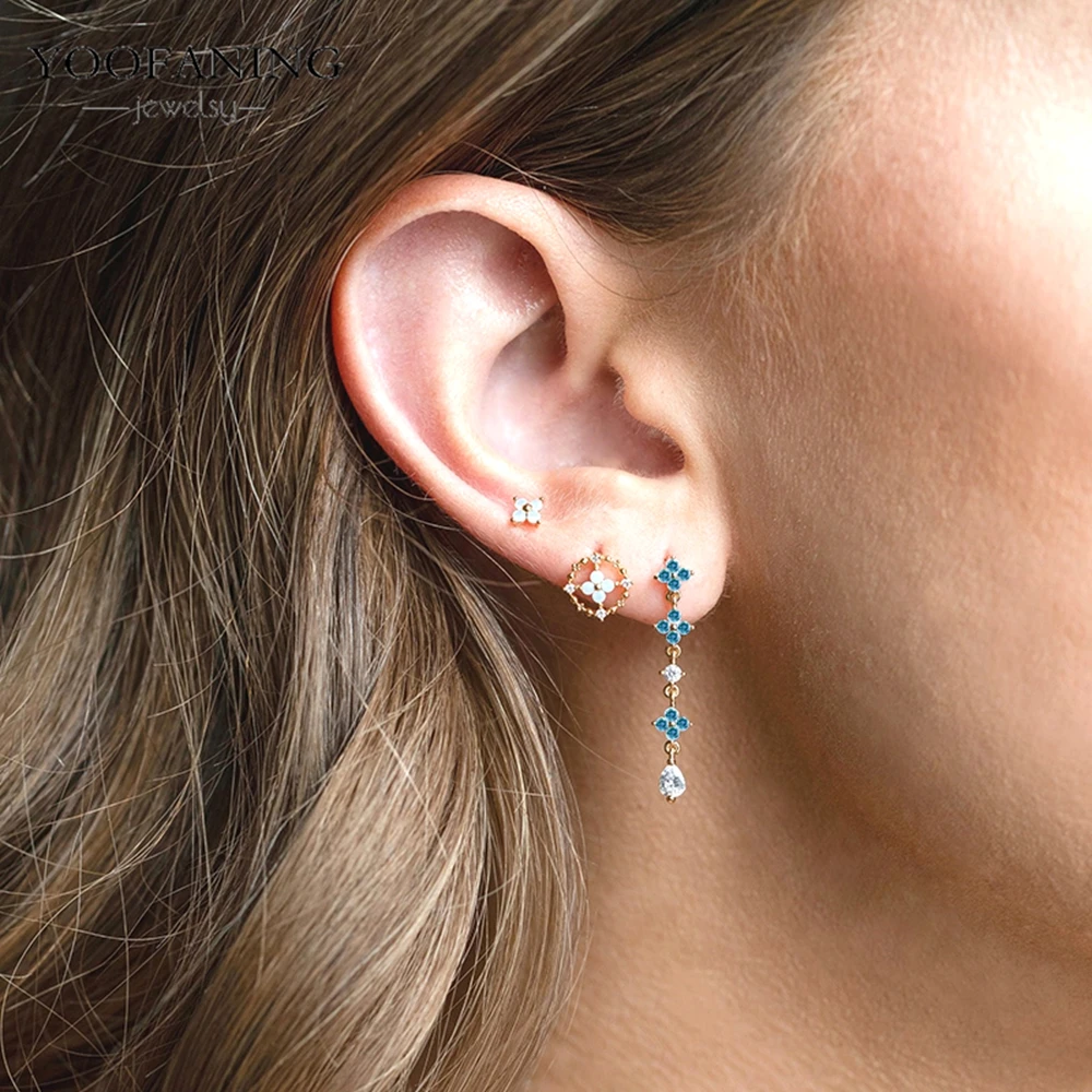 925 Silver Ear Needle Premium Blue Buckle Earrings for Women Exquisite Flower Tassel  Crystal Perforated Earrings Jewelry Gift