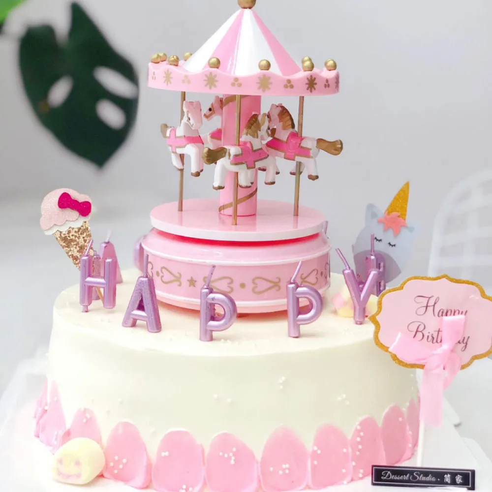 Pink Carousel Music Box Cake Topper Mini Carousel Statue For Girl Birthday Gift Baby Shower Favors Decoration Ornament Kids Toy