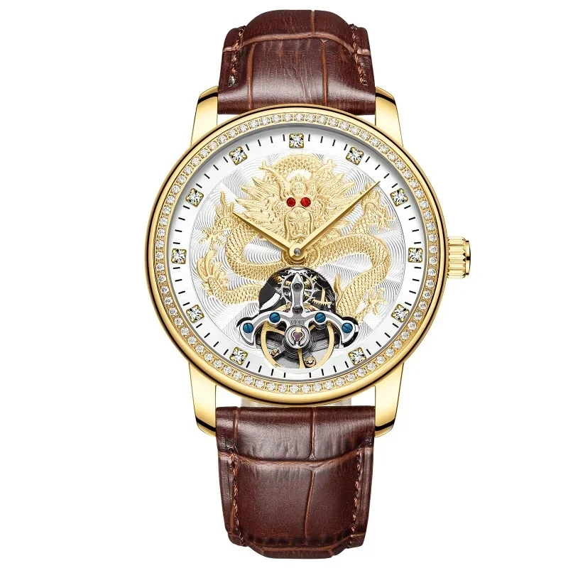 AILANG 8313 Men's Automatic Mechanical Watch, Luxury 3D Embossed Tiger Skeleton Dial, Moon Phase & Date Display Wristwatch