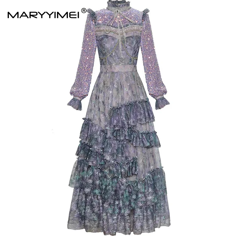 

MARYYIMEI Fashion design Autumn Women Dress Stand collar Long-Sleeved Sequins Flounced Edge Slim Big Swing Dresses