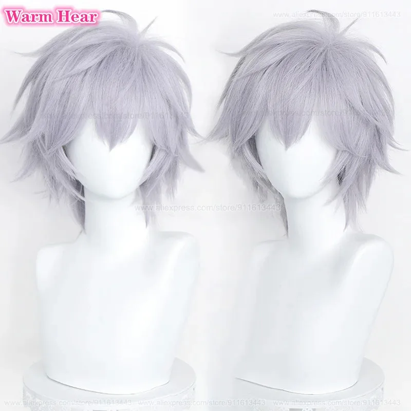 Pelucas de pelo sintético EVA púrpura gris/gris plateado Kaworu Nagisa Cosplay Anime resistentes al calor + gorro de peluca