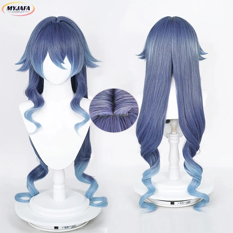 

2025 Cosplay Game Layla Long Blue Gradient Curly Heat Resistant Synthetic Hair Party Unisex Wigs + Wig Cap