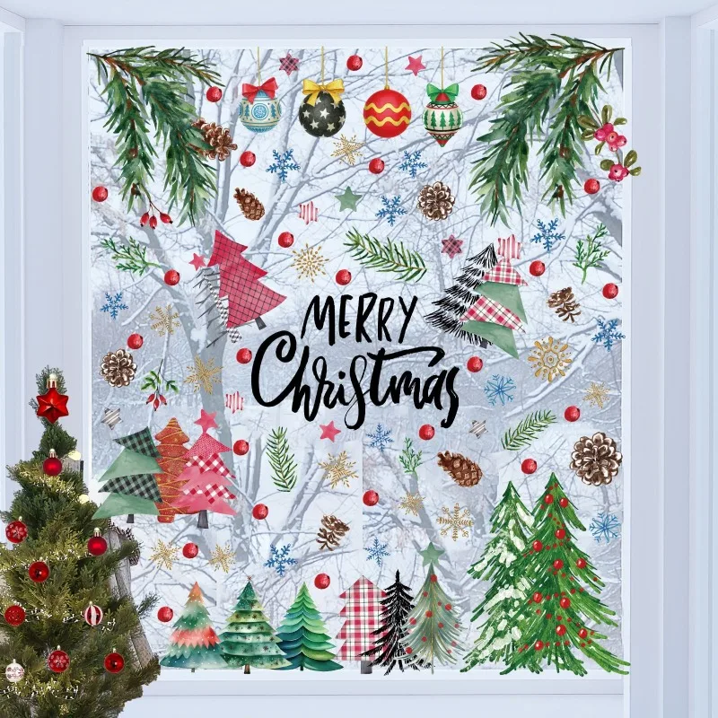 9pcs Suit Christmas Decoration Watercolor Christmas Tree Static Window Stickers Glass Door Christmas Decor Self-adhesive Sticker