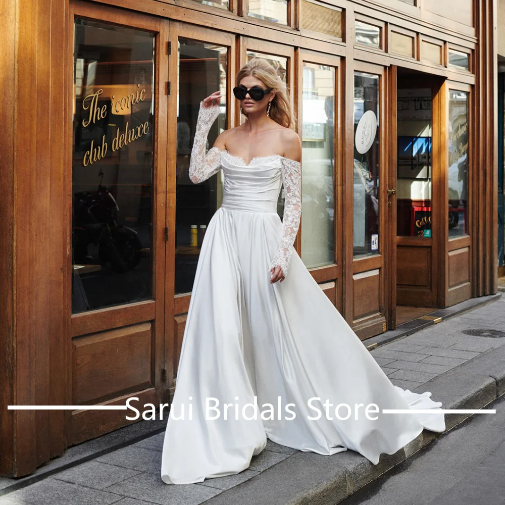 

Изящное атласное свадебное платье с открытыми плечами по индивидуальному заказу, свадебное платье с длинными кружевными рукавами и открытой спиной, платья novias boda