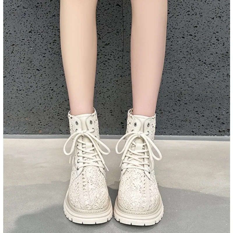 

Fashion Women's Cool Boots Lace 2026 New Summer Boots Women’s British Style Mesh Hollow Out Women Ankle Boots，Thick-soled Shoes