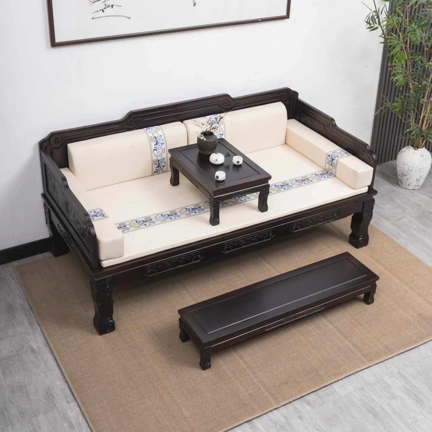 Solid wood Arhat bed three-piece new Chinese-style living room sofa furniture small apartment chaise longue pineapple plaid