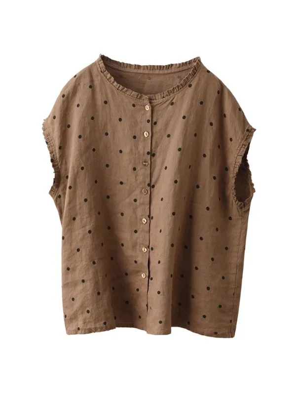 

Retro Color Woven Dot Cotton Linen irt Women's Summer New Sle Earmuff Collar ort Sve Top Faionable Versatile