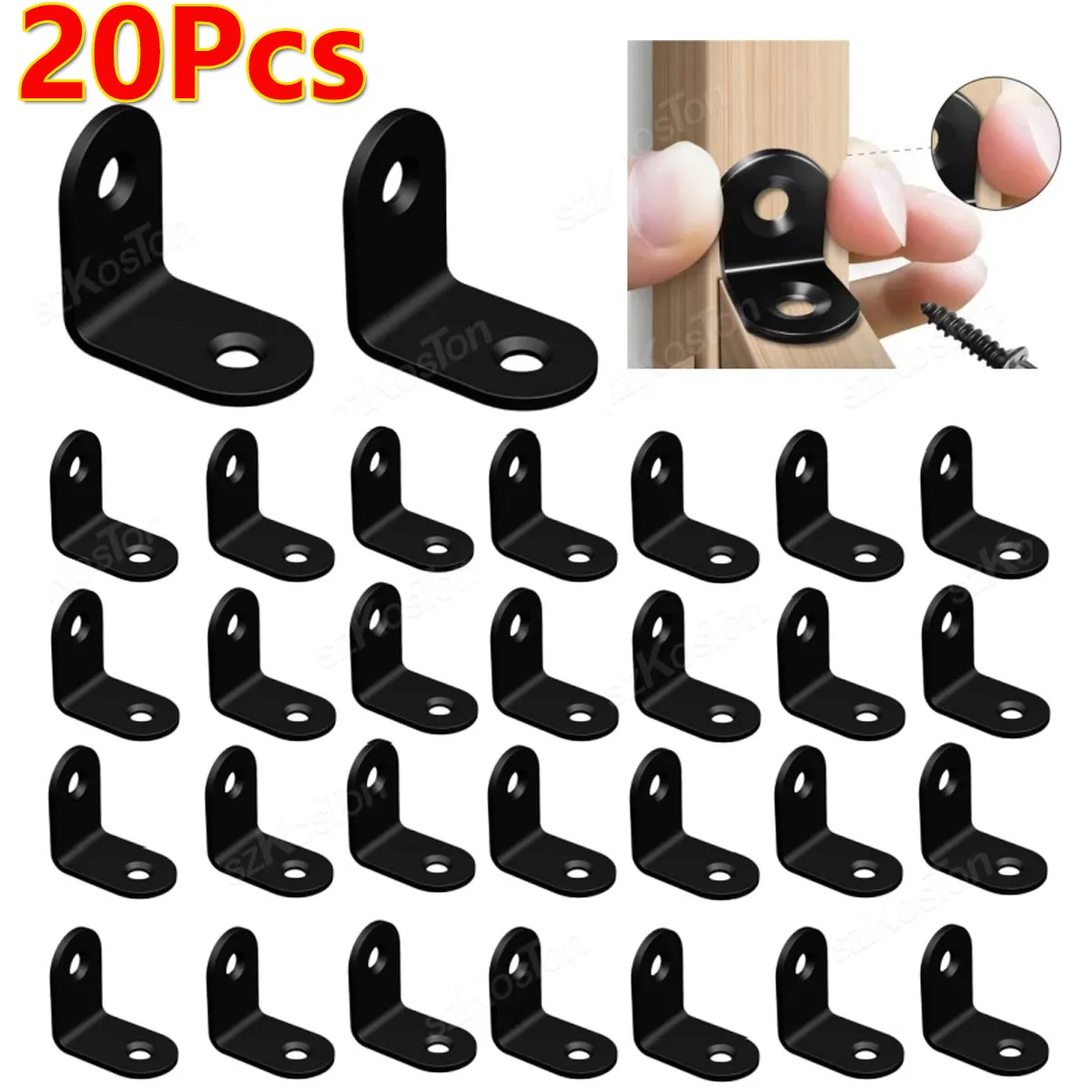 

20Pcs Black Stainless Steel L Shaped Brackets 90 Degree Right Fix Angle Corner Bracket with Screw for DIY Wood Furniture Cabinet