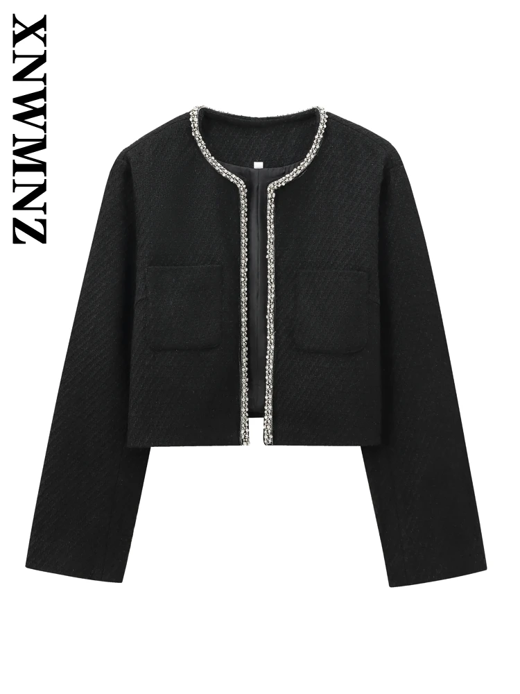 XNWMNZ 2024 Autumn Female Sophisticated V-Collar Mini Skirt Outerwear Chic Woman's Long Sleeve Short Two-piece Coat A-lineskirt