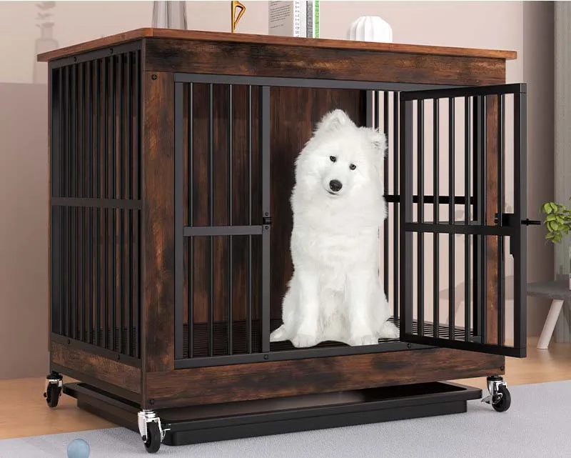 Modern Luxury Furniture-Style Medium Size Dog Cage Solid Thick Anti-Bite Wooden Cage Sturdy Removable Parts Button/Snap Closure