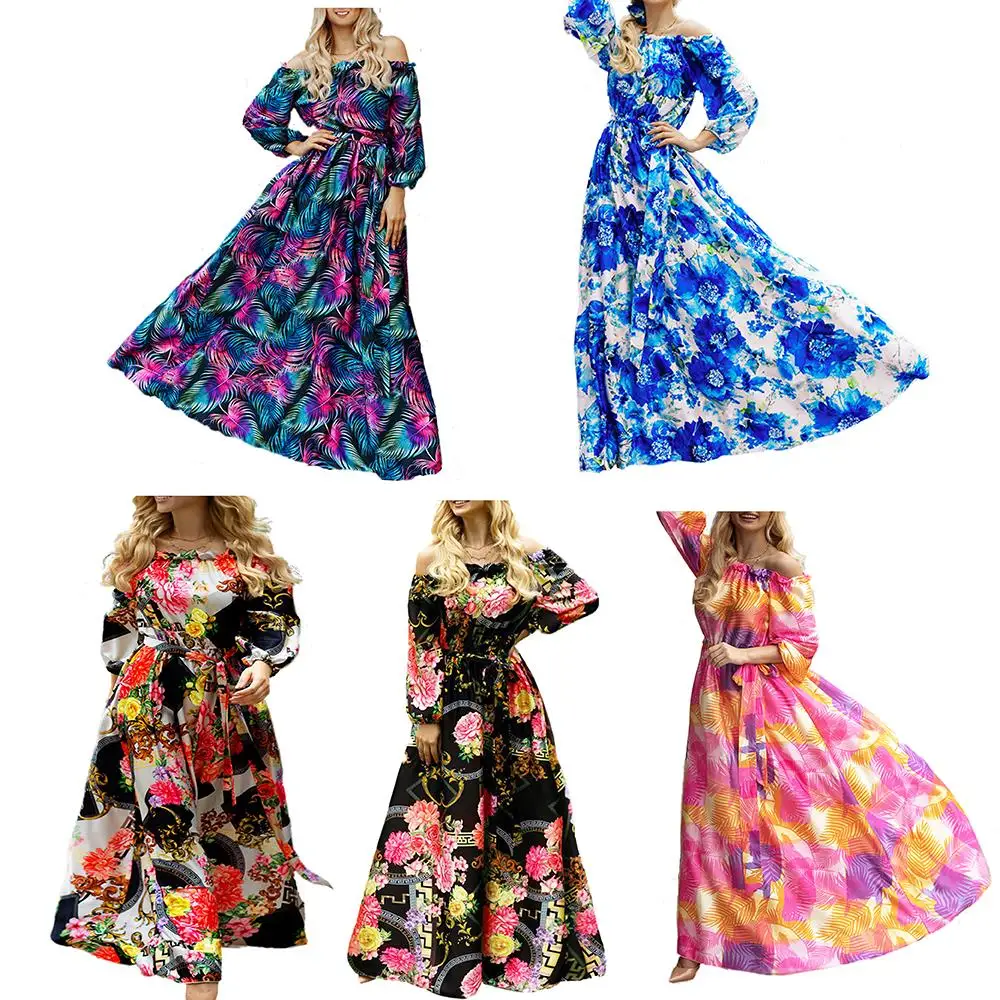 플로럴 프린트 오프숄더 여름 드레스 스트리트 스타일 루즈핏 소프트 폴리에스터 미디엄 스트레치 가을 착용