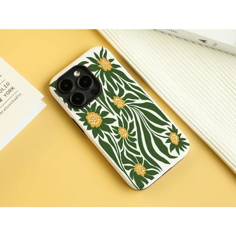 حافظة هاتف مغناطيسية لهاتف آيفون 17 16 15 14 13 12 11 16e Air PRO Plus مطبوعة عباد الشمس الخضراء غطاء مقاوم للصدمات من الأكريليك الصلب