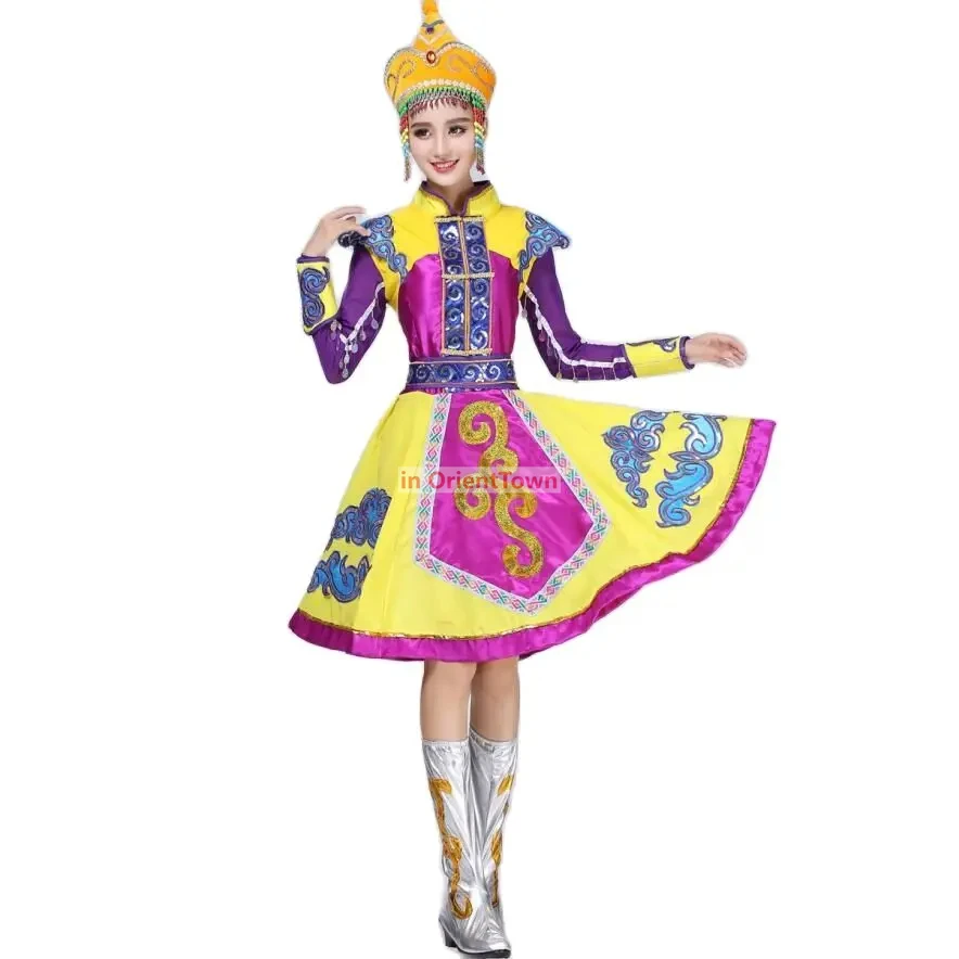 Traje de danza folclórica china, vestido dorado violeta, vestido étnico, ropa de danza mongol, ropa de escenario mongol para mujer