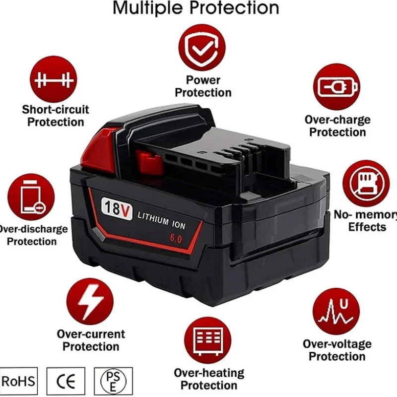 

18v 6.0Ah Lithium Ion Batteries for Milwaukee M18 Battery 48-11-1850 48-11-1862 48-11-1840 48-11-1828 48-11-1815 Power Tools