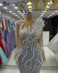 Elegante vestido de noite prateado, manga longa, lantejoulas brilhantes, vestidos grandes, ocasião formal, sereia, 2024