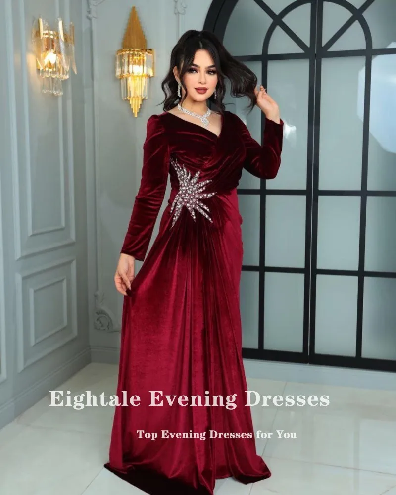 Eightale Velvet Evening Dress for Wedding Party Long Sleeves Customized Simple Mermaid Arabic Prom Gowns with Detachable Skirt