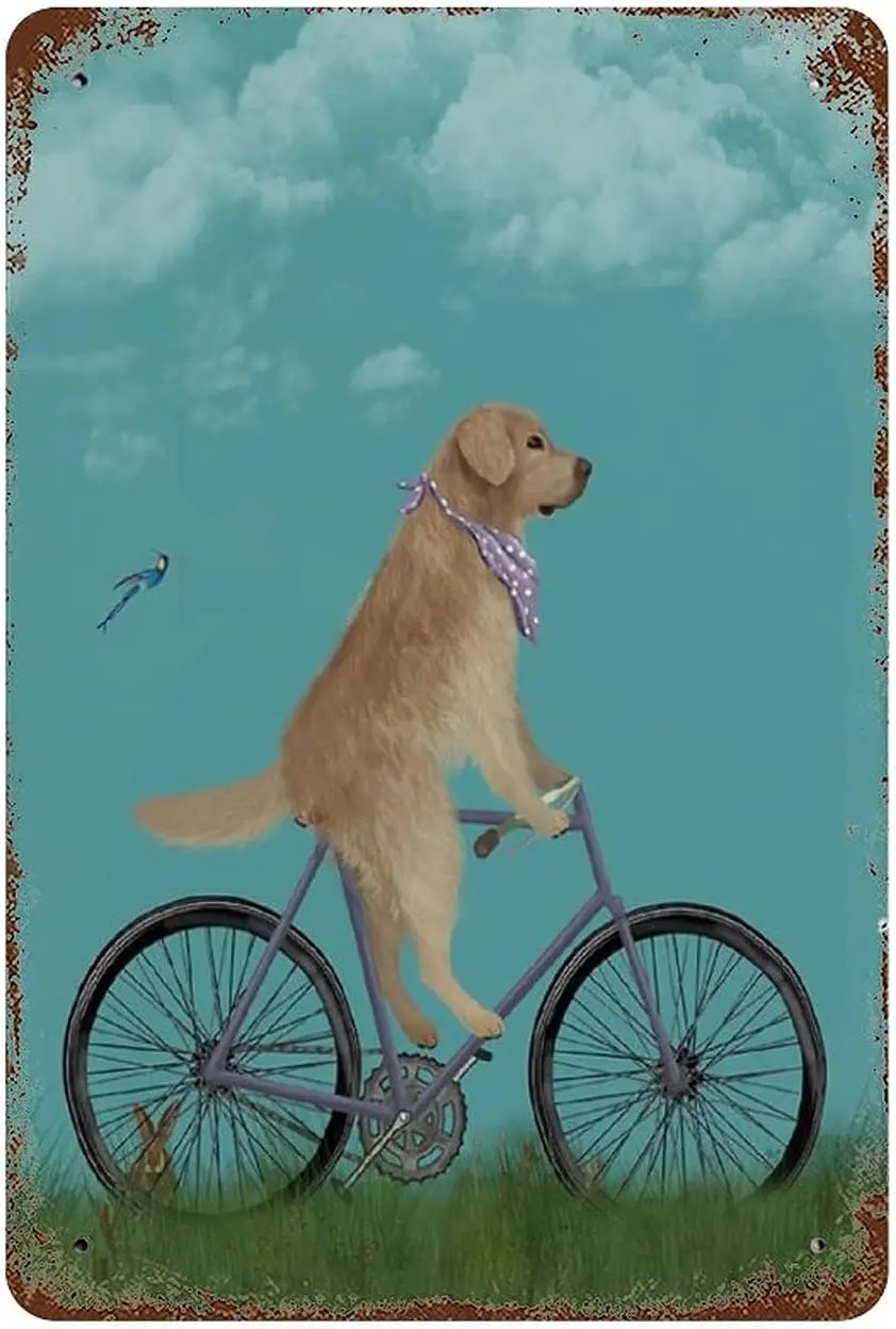 Golden Retriever on Bicycle Cycling Gift Dog Bicycling Bike Decor Vintage Decor Cyclist Wall Decor Hallway Tin Sign Summer House