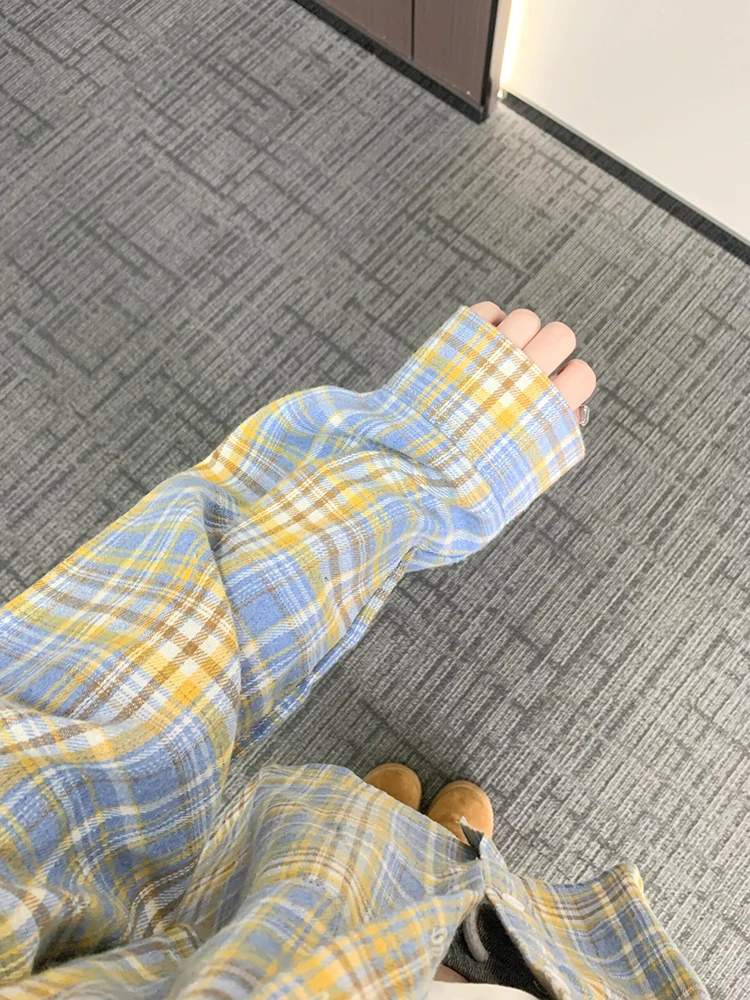 

Yellow Plaid Loose Casual Women's Shirt Jacket Vintage Lazy Style All-Match Outerwear Cardigan Top Korean Style Commute