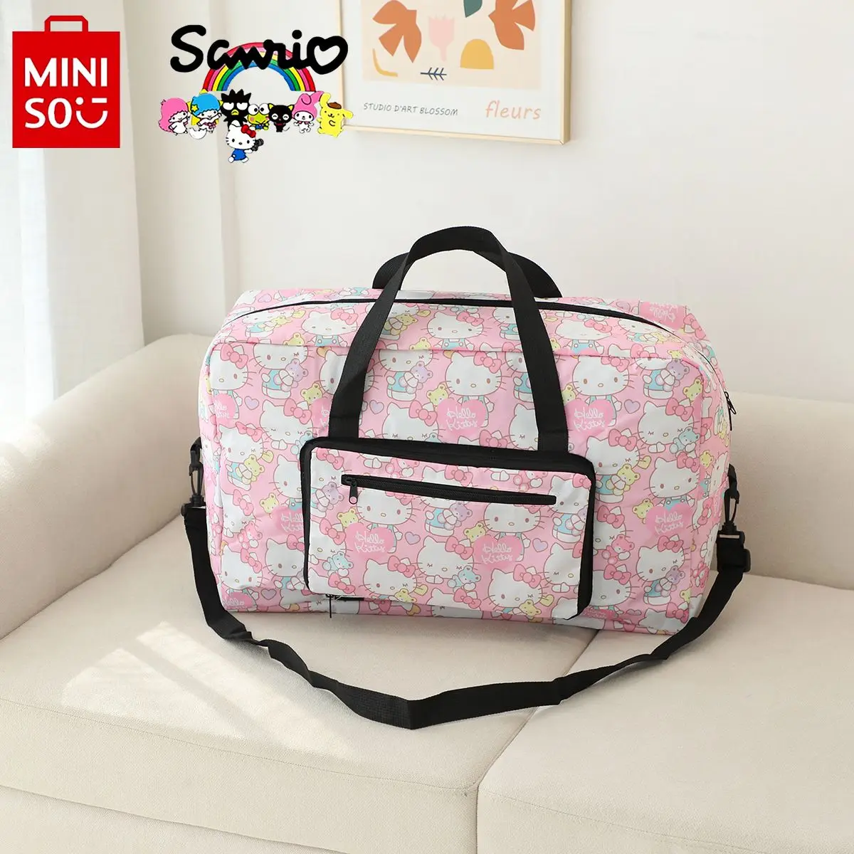 Miniso Sanrio New Handheld Travel Bag Fashionable and High Quality Foldable Luggage Bag Cartoon Large Capacity Home Storage Bag