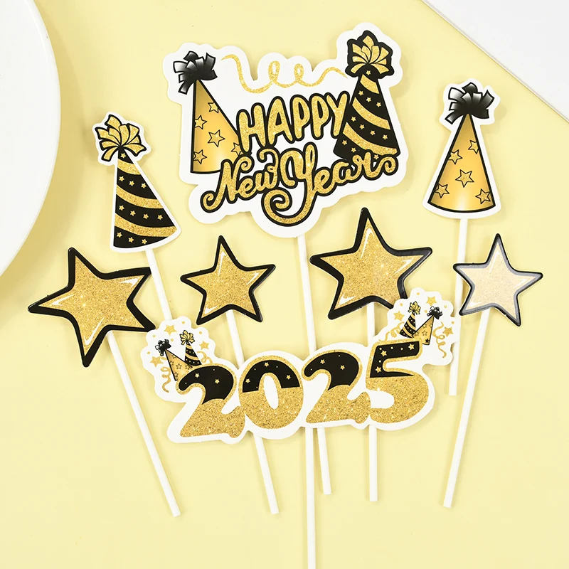 8Pcs Gold Happy New Year 2025 Cupcake Topper Glitter Gold Firework hat Cake picks 2025 New Year's Eve party Baking Dessert Decor